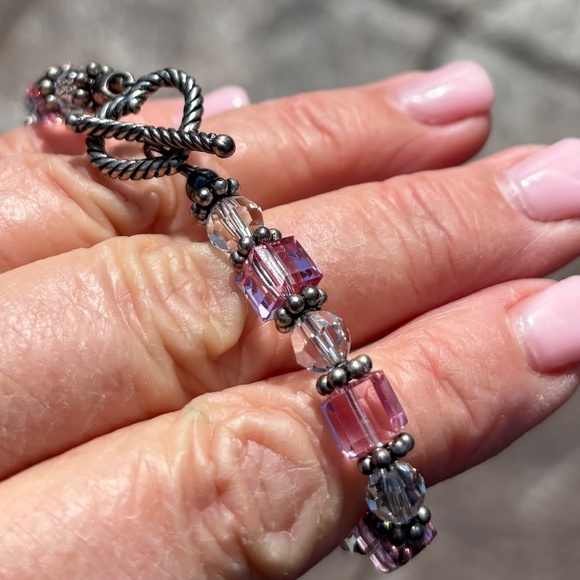 2 Handmade Pink & Clear Crystal w/ Silver Accents Bracelets - Picture 8 of 15